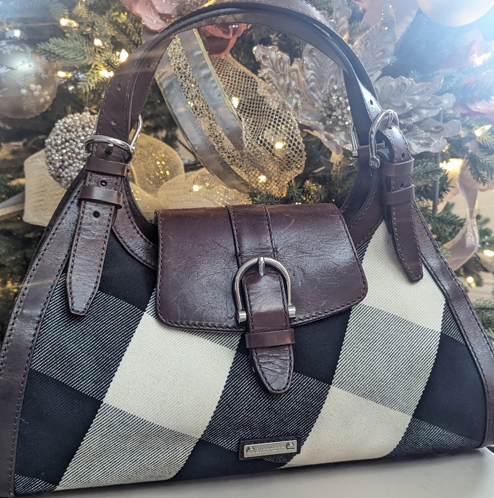 Burberry Brown Leather and Canvas Mega Check Satchel Bag